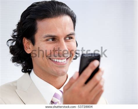 Portrait Happy Businessman Using Mobile Phone Stock Photo 53728804