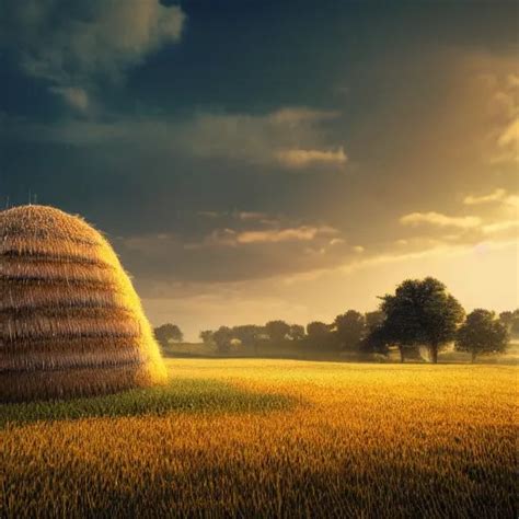 Haystack On A Field Traditional Hungarian Landscape Stable