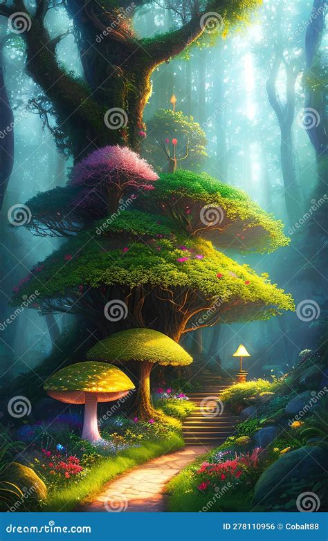 Fantastic Forest With Giant Trees Atmospheric And Fairy Tale Landscape