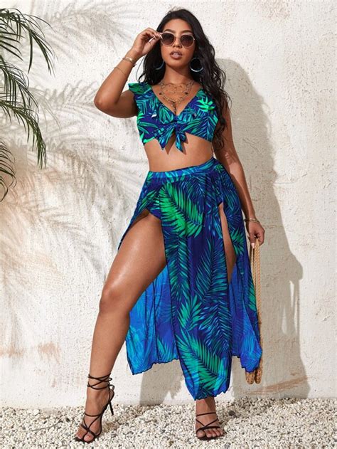 SHEIN Swim Vcay Plus Leaf Print Bikini Set Ruffle Tie Front Top High