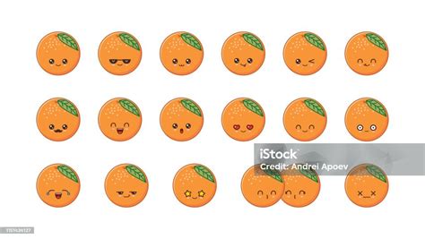 Orange Cute Kawaii Mascot Set Kawaii Food Faces Stock Illustration