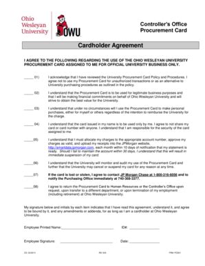 Fillable Online Cardholder Agreement Owuedu Fax Email Print PdfFiller