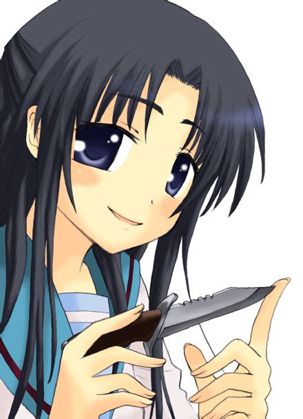 The Big Imageboard Tbib Asakura Ryouko Black Hair Blue Eyes Closed Mouth Dagger Face Half