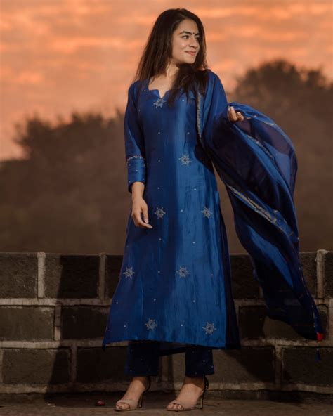 Shop Royal Blue Embroidered Chanderi Kurta And Palazzo With Dupatta