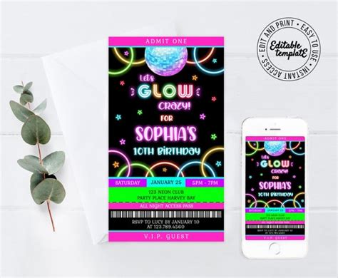 Glow Party Invitation Disco Invitation Ticket Invitation Instant