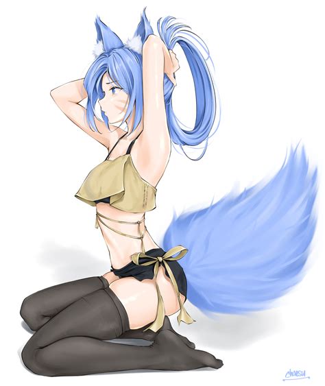 Petite Belly Button Belly Chaesu Fox Tail Fox Ears Blue Hair