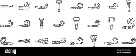 Party Blower Icons Set Outline Vector Whistle Horn Happy Celebration