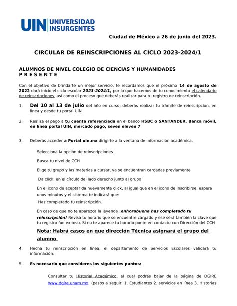 Circular DEL CCH Reinscripciones 2023 2024 Ciudad de México a 26 de