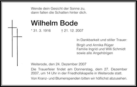 Traueranzeigen Von Wilhelm Bode Trauer Hna De