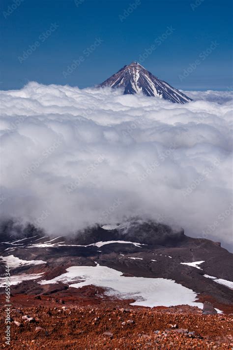 Kamchatka Volcanic Landscape View To Top Of Cone Of Koryaksky Volcano