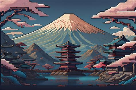 Premium Photo Pixel Art Of A Mountain With A Japanese Temple In The