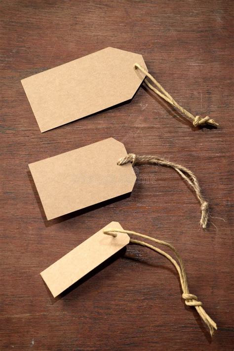 Three Brown Paper Price Tag With Burlap Rope Stock Photo Image Of