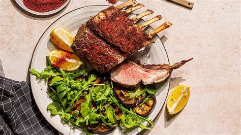 Sumac Lamb Rack With Sweet N Sour Griddled Aubergine Salad Recipe