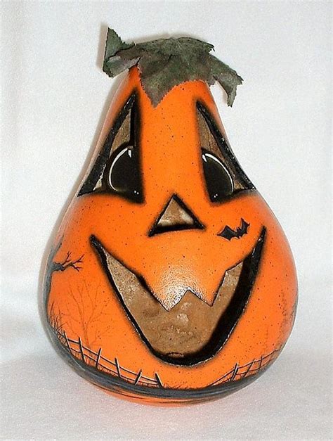 Light Up Gourd Jack O Lantern Hand Painted Etsy Painted Gourds