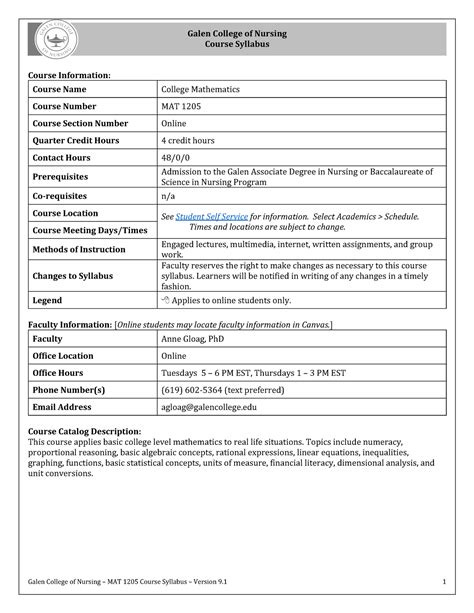 Mat Syllabus Galen College Of Nursing Course Syllabus Course