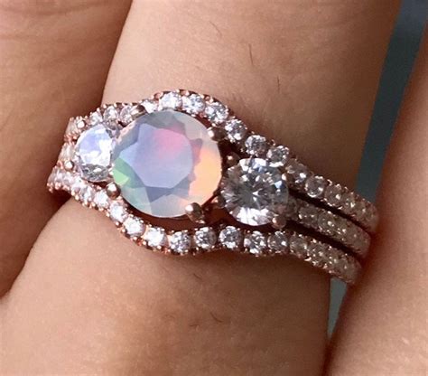 Opal Engagement Vintage Ring Set Round Opal Bridal Ring Deco Set