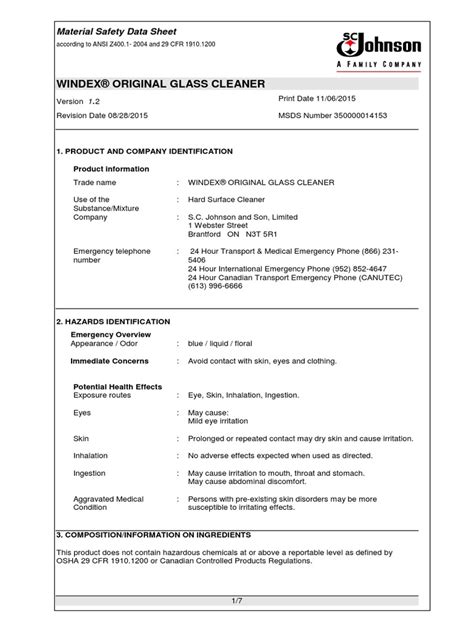 Msds Glass Cleaner Pdf Chemistry Occupational Safety And Health