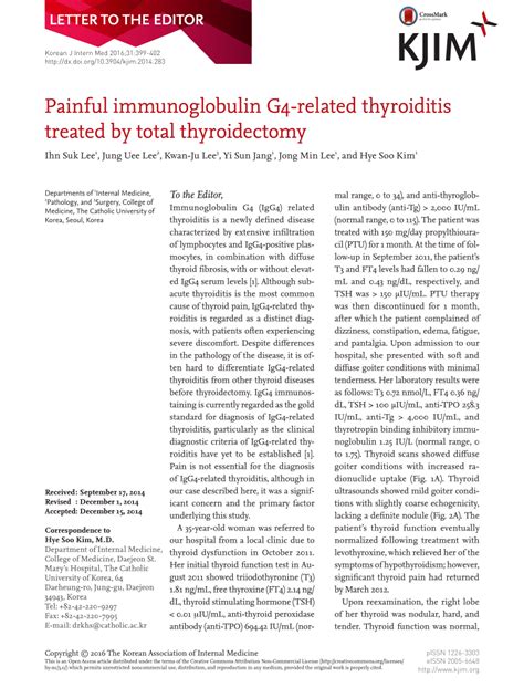 Pdf Painful Immunoglobulin G Related Thyroiditis Treated By Total