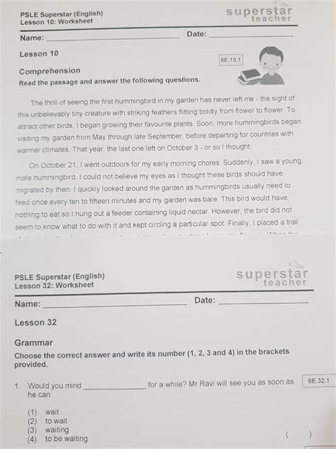 English PSLE Superstar Teacher Complete Worksheet For AL1 Hobbies