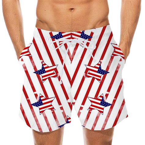 Tawop White Shorts Men Independence Day Striped Flag Print Shorts Elastic Waist Beach Pants