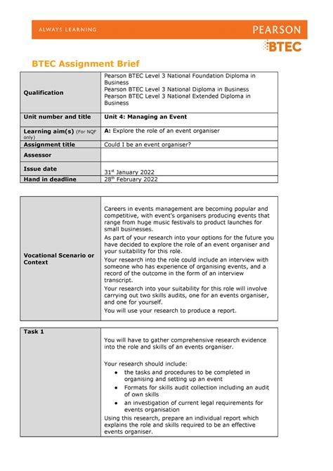 Btec Business Unit Managing An Event Assignment Brief Btec