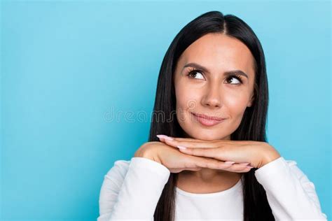 Photo Of Young Adorable Lady Hands Touch Chin Dream Wonder Look Empty