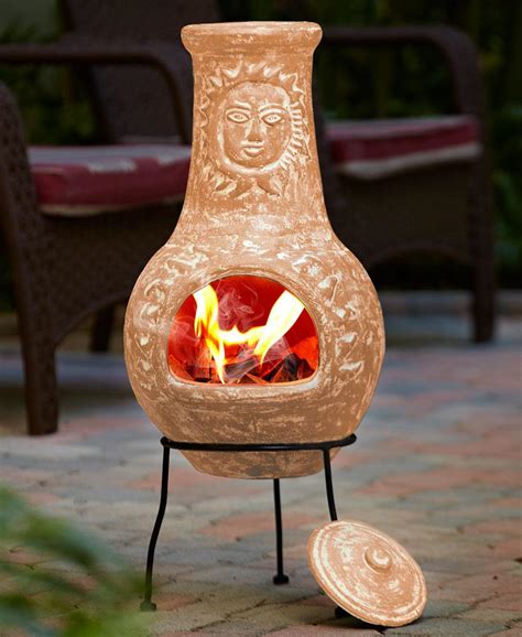 Stone Gray Rustic Sun Face Outdoor Clay Chiminea Patio Fire Pit With