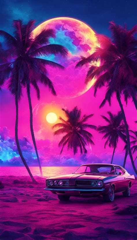 Retro car under a fantasy neon full moon sky vaporwave aesthetic ...