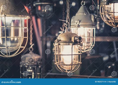 Industrial Lamps, Hanging Lights - Factory Light Bulbs Stock Photo ...