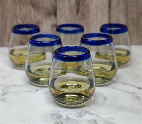 Hand Blown Mexican Stemless Wine Glasses - Set of 6 Glasses with Cobal