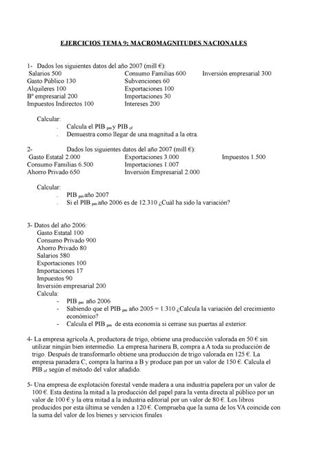 Ejercicios Macromagnitudes EJERCICIOS TEMA 9 MACROMAGNITUDES