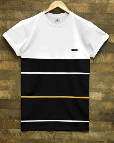 White And Black Striped Men Half Sleeves Cotton T Shirts Neck Type