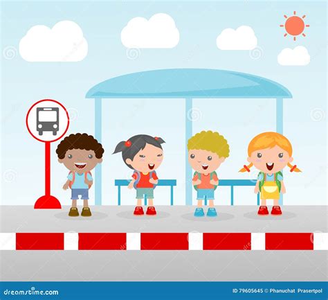 Students at the Bus Stop, a Vector Illustration of Little Children ...