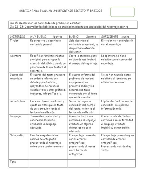 Rubrica Para Evaluar Un Reportaje Escrito 7 Pdf Cognición Ciencia Cognitiva