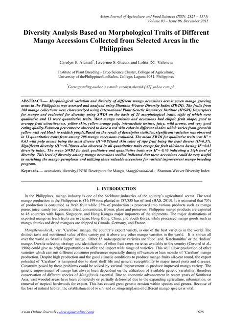 Diversity Analysis Based On Morphological Traits Of Different Mango