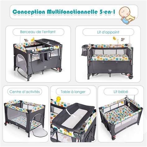 COSTWAY Lit Parapluie Bébé avec Matelas Pliant 5 en 1 Table à Langer