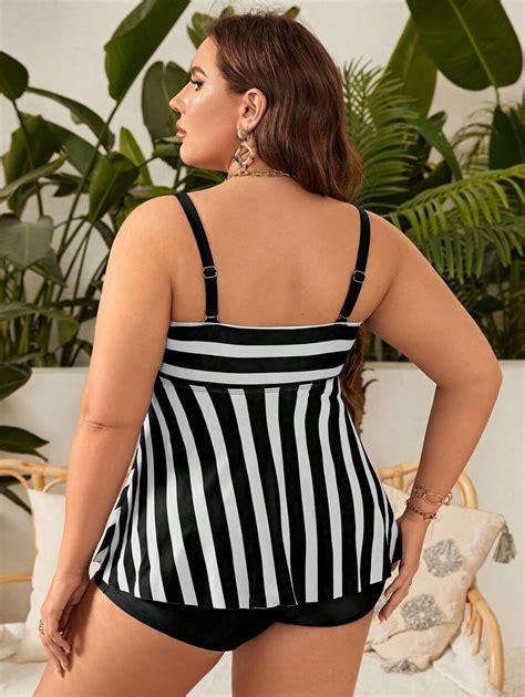 Shein Swim Curve Conjunto De Tankini Con Rayas Y Talla Grande Moda De