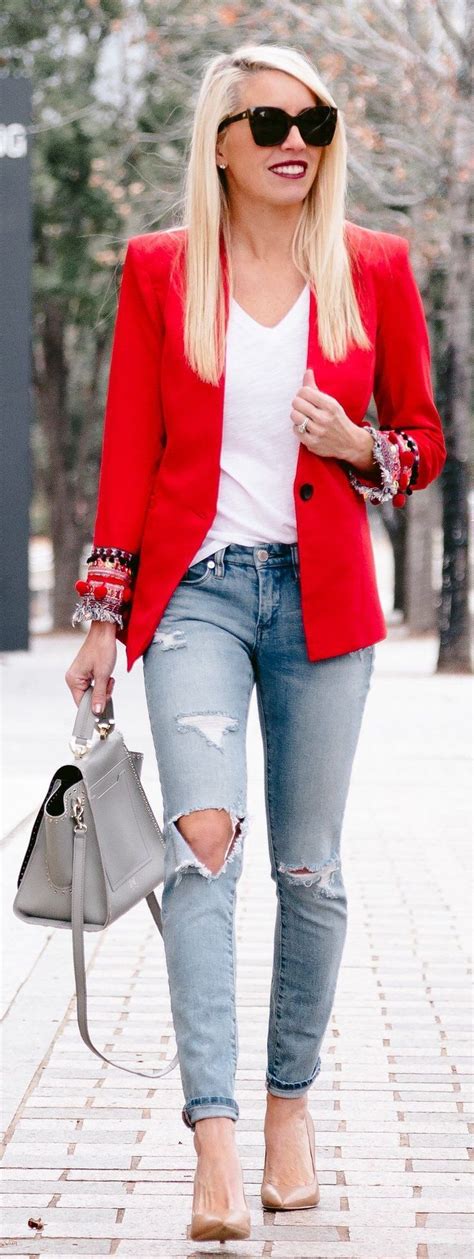 11 Inspiring Ways To Wear Your Red Blazer Right Now Blazer Outfits Casual Red Blazer Outfit