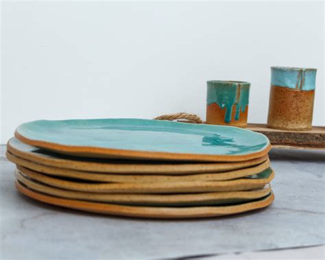 Turquoise Dinner Plate Set Of 6 Ceramic Plates Large Plates Etsy