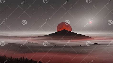 Crimson Secrets Mysterious Landscape Beneath The Blood Moon And Fog