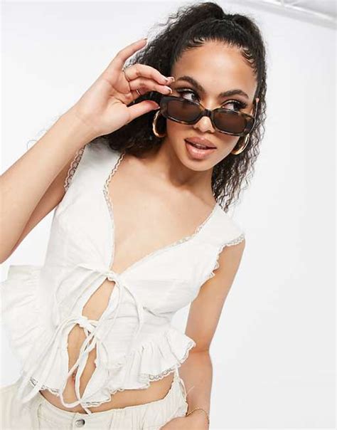 Asos Design Lace Trim Tie Front Corset Detail Top In White Asos