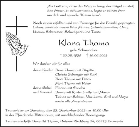 Traueranzeigen Von Klara Thoma Schwaebische De Trauerportal