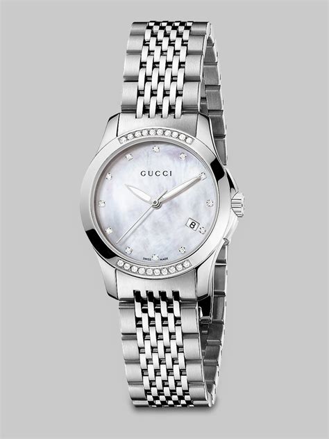 Gucci Silver G Timeless Diamond Mother Of Pearl And Stainless Steel