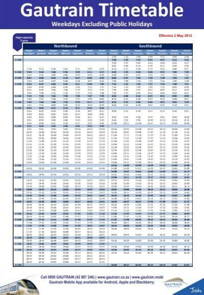 Gautrain Timetable Weekdays Excluding Public Holidays