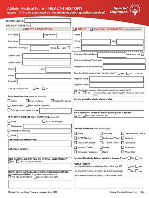 Fillable Online Media Specialolympics Athlete Medical Form Health