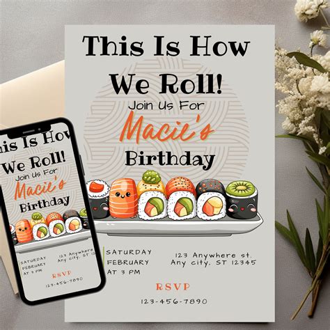 Kawaii Sushi Birthday Invite Sushi Birthday Sushi Theme Party Kids