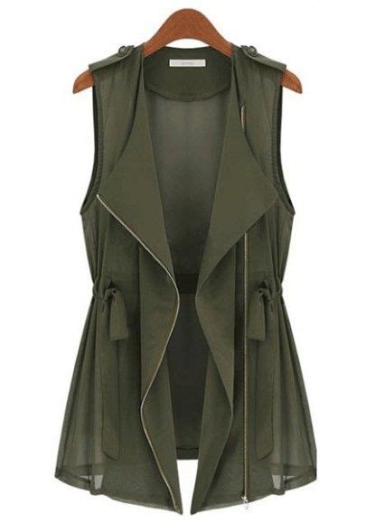 Army Green Drawstring Zipper V Neck Sleeveless Chiffon Vest Fashion Style Army Green Vest