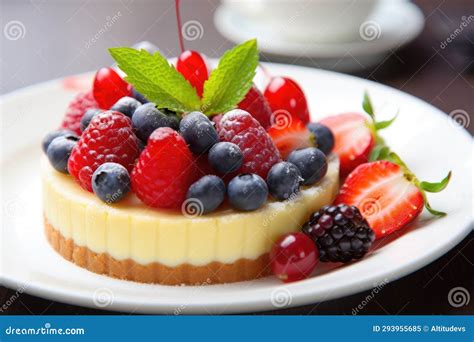 Tarte De Fruta Bagas Frescas Brilhantes Numa Placa Branca Imagem De