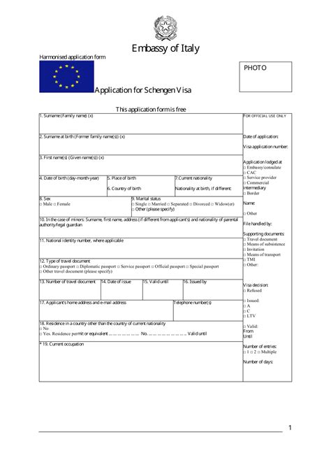 Schengen Visa Application Form Embassy Of Italy Fill Out Sign