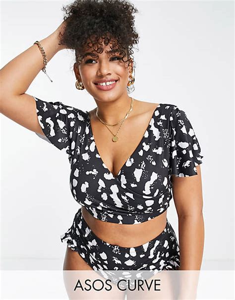 Asos Design Curve Mix And Match Flutter Sleeve Wrap Bikini Top In Mono